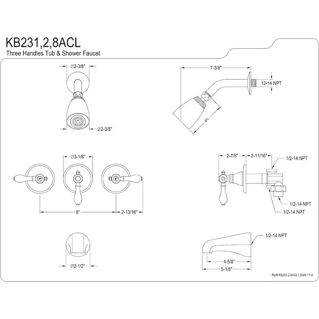 Kingston Brass KB231ACL American Classic Three-Handle Tub...