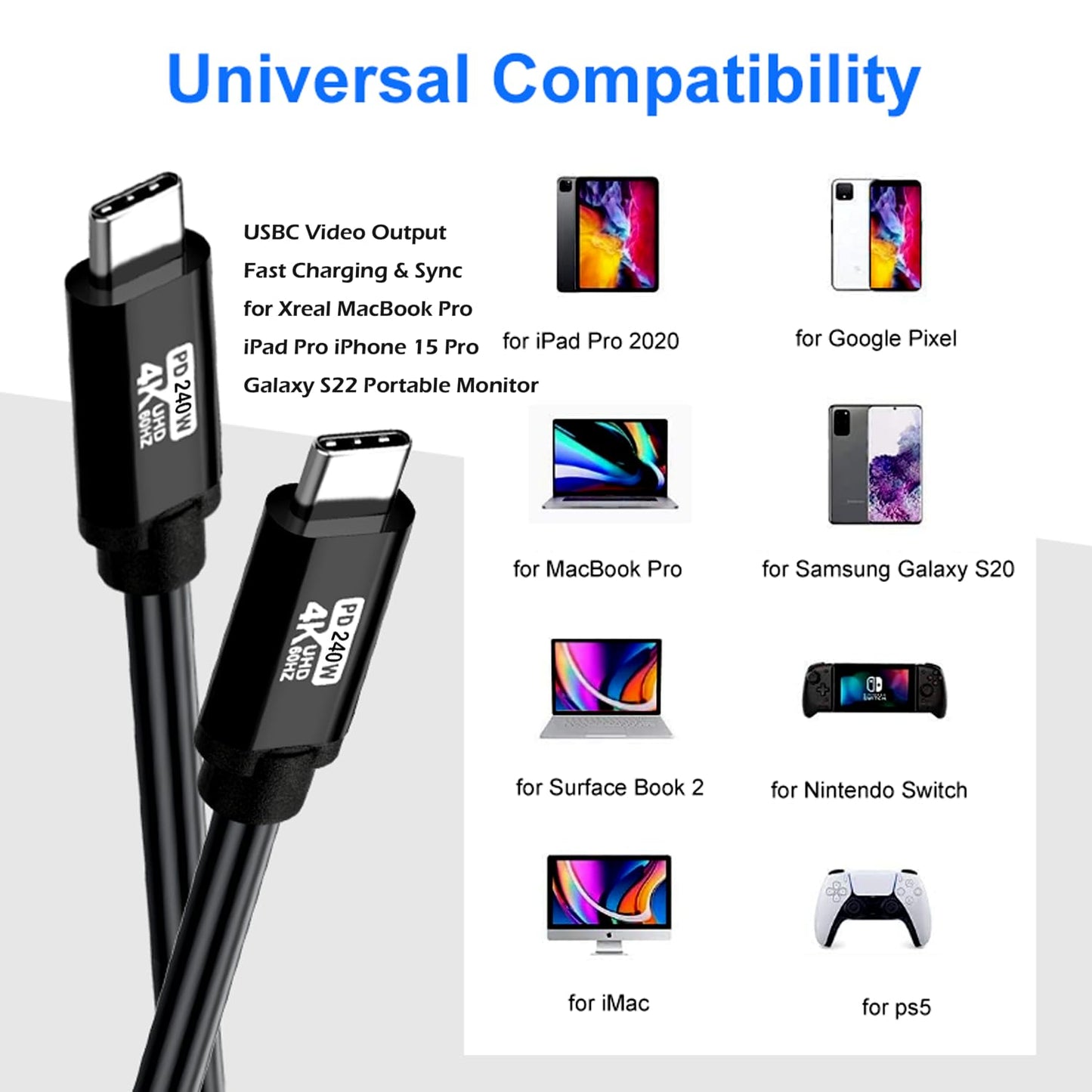 USB TYPE C to C Cable 40FT, 4K60HZ GEN2x2(Data usb2.0),TYPE C Video Output