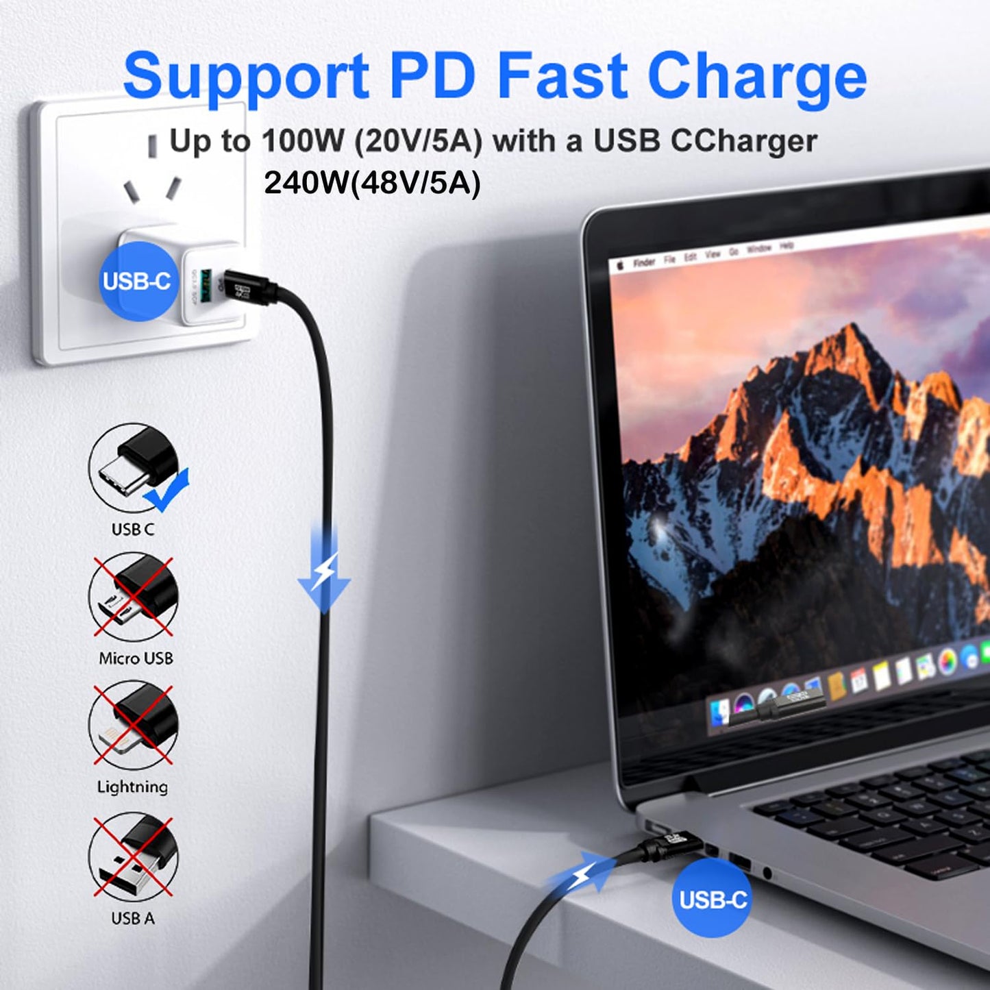 USB TYPE C to C Cable 40FT, 4K60HZ GEN2x2(Data usb2.0),TYPE C Video Output