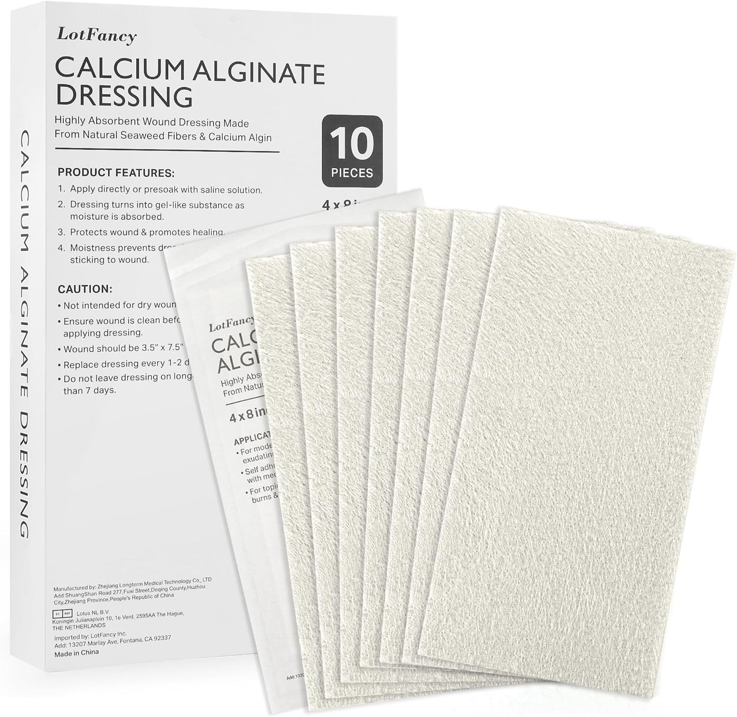 LotFancy Calcium Alginate Wound Dressing, 4”x8” Patches, 10 Count