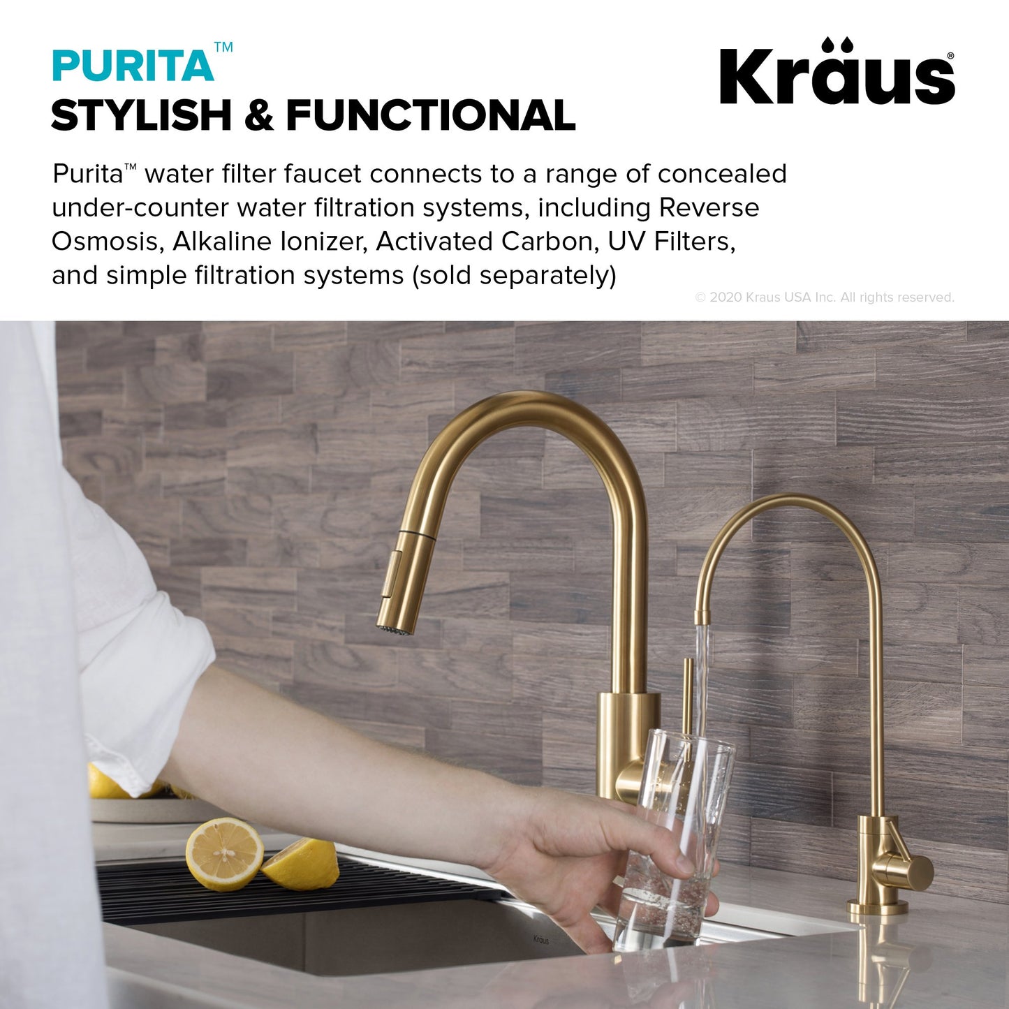 Purita 100% Lead-Free Kitchen Water Filter Faucet in Brushed Brass GOLD